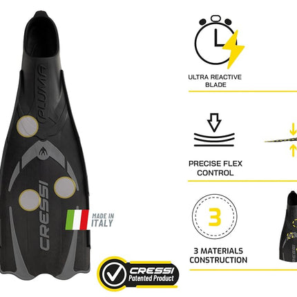 Cressi Adult Pluma Fins - Fluid Flutter Swimming Fins - Polypropylene Flippers - Snorkelling & Freediving Use - Dark - 7/8