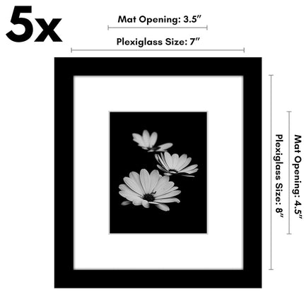 Americanflat 7x8 Picture Frame with Polished Plexiglass - Set of 5 - Use as 4x5 Frame with Mat or 7x8 Frame Without Mat - Galleria Collection - Gallery Frames for Tabletop and Wall Display - Black
