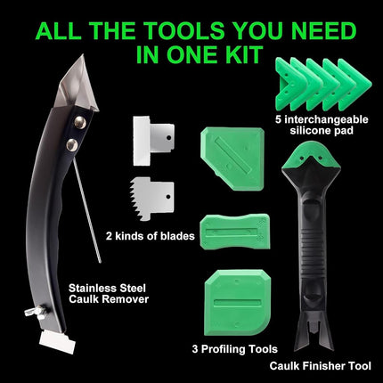 Silicone Caulking Tools – Metal Caulk Remover Scraper with Replaceable Sharp and Serrated Blades, 5 Replaceable Silicone Finishing Pads, 3 Silicone Finishing Tools, DIY Home Repair Kit