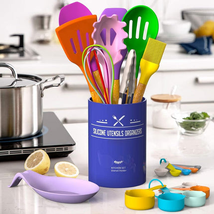 Umite Chef Silicone Cooking Utensils Set, 24 pcs Non-stick Spatula Set with Holder, Wood Handle Heat Resistant Silicone Kitchen Gadgets (Colorful)