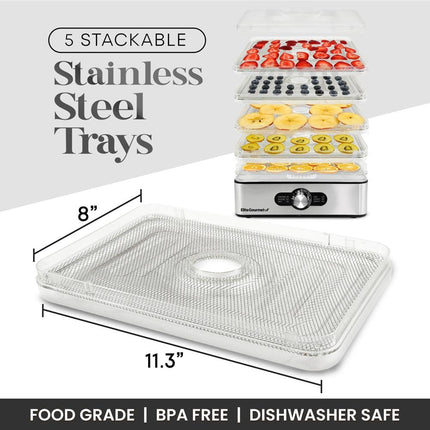 Déshydrateur alimentaire Elite Gourmet, déshydrateur alimentaire avec plateaux en acier inoxydable, commandes de température réglables, pour viande séchée, herbes, fruits, légumes, collations, 5 plateaux