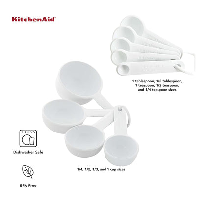KitchenAid Universal Easy to Read Measuring Cup and Spoon Set with Soft Grip Handle for Maximum Control, Hang Hole and Nesting for Easy Storage, Dishwasher Safe, 9 Piece, White