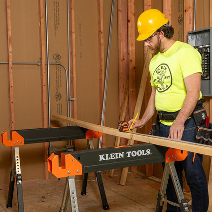 Klein Tools 66188 Folding Saw Horse, 2x4 Support Arms, 26-Inch to 32-Inch Adjustable Height, Heavy Duty Jobsite Table, 1-Pack