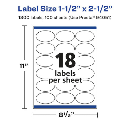 Avery Glossy White Oval Labels with Sure Feed, 1.5" x 2.5", 1,800 Glossy White Labels, Permanent Label Adhesive, Laser/Inkjet Printable Labels