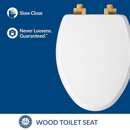 Mayfair 1826BGSL 000 Benton Toilet Seat with Brushed Gold Hinges Will Slow Close and Never Come Loose, Elongated, Durable Enameled Wood, White
