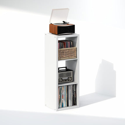 Furinno CUBICLE Record Player Stand with Vinyl Storage, 3-Cube 3 cm Extra Thick Vinyl Record Storage, Open Back Media Shelf for CD DVD Blueray Game Disc, for Living Room, Home Office, White
