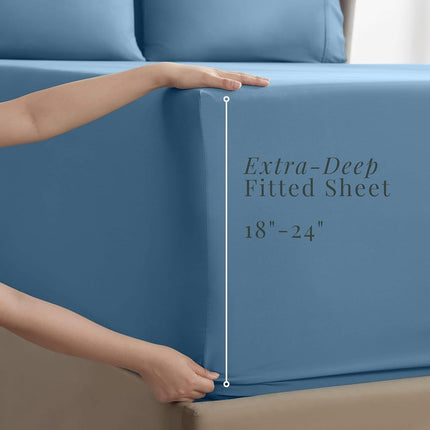 Hearth & Harbor Extra Deep Pocket Queen Sheets Sets - Fits Mattress 18-24 Inches Deep - Extra Deep Pocket Sheets - 6 Piece Queen Size - Queen - Blue Heaven Sheets