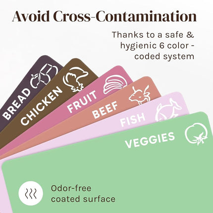 Extra Thick Pastel Flexible Plastic Cutting Board Mats with Food Icons & EZ-Grip Waffle Back, (Set of 6) Dishwasher Safe