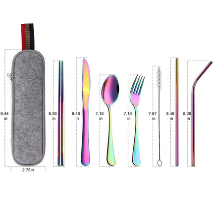 DEVICO Portable Utensils, Travel Camping Cutlery Set, 8-Piece Including Knife Fork Spoon Chopsticks Cleaning Brush Straws Portable Case, Stainless Steel Flatware Set (Rainbow)