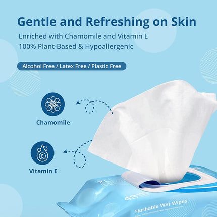 WhyWorry Flushable Wipes for Adults, Extra Large 20x25cm Flushable Toilet Wipes with Chamomile & Vitamin E, Moist Toilet Tissue, 100% Plant-Based, Biodegradable, Hypoallergenic, Sea Incense, 384 Count