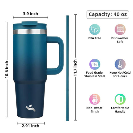 Konokyo 40 oz Tumbler with Handle and 2 Straws,2 in 1 Lid Insulated Water Bottle Stainless Steel Travel Coffee Mug,Indigo Black