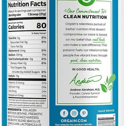 Orgain Collagen +Superfoods with 20 Grams of Grass-Fed Collagen and Vitamin C, Unflavored, 25.6 oz
