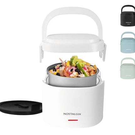 Lunch Box Chauffante Électrique Portable Nostalgia 20 oz – Taille Voyage 2,5 Tasses pour Soupe, Chili et Restes – Couvercle Hermétique en Silicone Anti-Fuite, Poignée de Transport Pliable, Cordon Amovible – Blanc