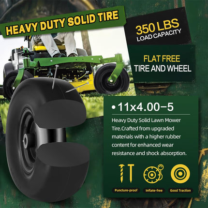 Wiltire 11x4.00-5 Flat Free Tire and Wheel (2 Pack),Universal 11x4-5 Solid Smooth Tractor Turf Tire with Rim, 3.4" Centered Hub and 3/4" & 5/8" Bushing, For Zero Turn Mowers and Riding Lawn Mower