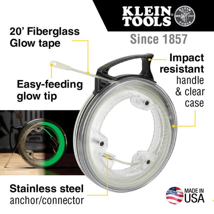Fish Tape, Glow Fish Tape Kit with 20-Foot Fiberglass Tape, Illuminated Fish Rod Tip and Fish Rod Attachments, 6-Piece Klein Tools 80050