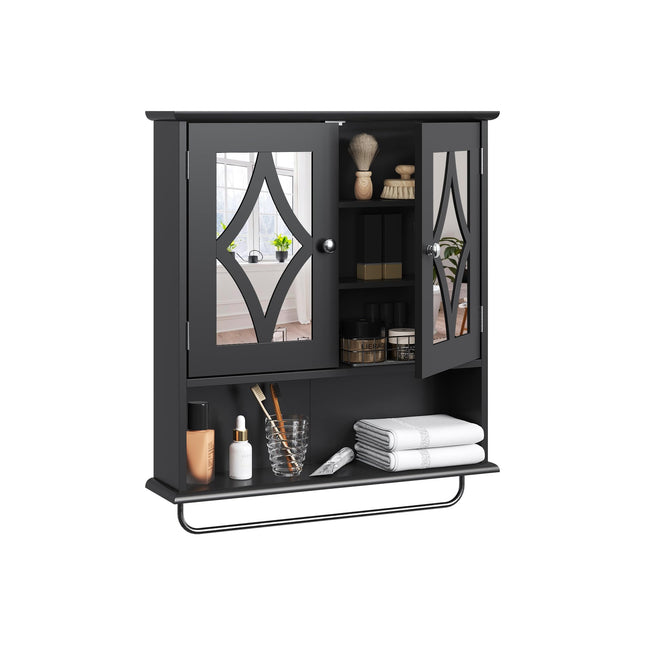 May in Color Vanity Wall Mounted Storage Cabinet, Bathroom Medicine Cabinet with Mirror with Adjustable Shelves and Towel Bar, Hanging Wall Cabinet for Bathroom, Laundry, Living Room, Black