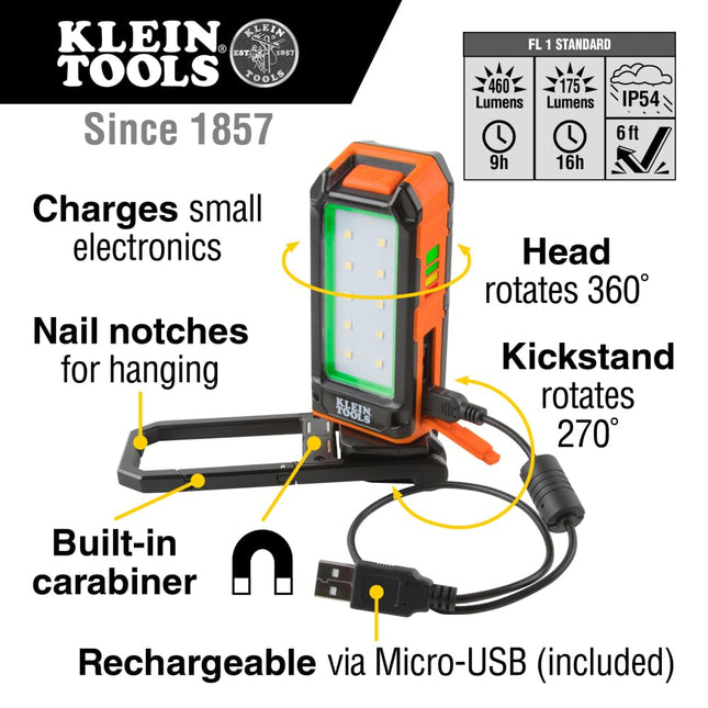 KLEIN TOOLS 56403 LED Light, Rechargeable Flashlight/Worklight with Kickstand and Carabiner, Charges Small Electronics, for Work, Camping