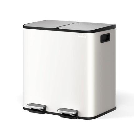 GarveeHome 2 x 4 gal Stainless Steel Double Trash Can with Lid for Kitchen, Large Dual Trash and Recycle Bin Combo, Step-on Kitchen Metal Garbage Cans, PP Inner Buckets, Liner Rim, White