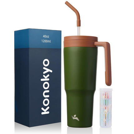 Konokyo – Gobelet isotherme avec poignée et paille, bouteille d'eau isotherme en acier inoxydable de 1,2 L, tasse de voyage en métal avec infuseur à fruits, vert forêt