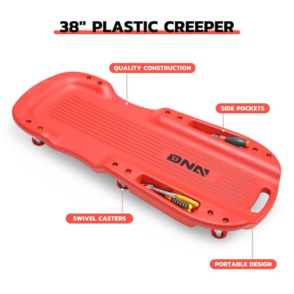 DNA MOTORING 38 Inches Low Profile Plastic Rolling Garage Shop Floor Creeper with Side Pockets & 6pcs Casters, Red, TOOLS-00390