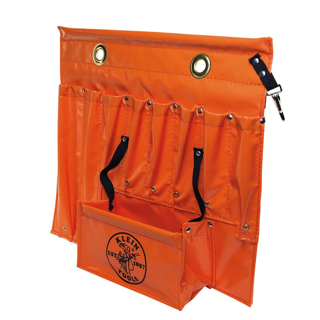 Klein Tools 51828 Tool Apron, Made in USA, 18-Inch Aerial Apron with 8 Pockets and Tool Pouches, Loops and Hooks in Hi-Viz Orange