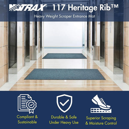 NoTrax 117 Heritage Rib Entrance Mat, for Lobbies and Indoor Entranceways, 3' Width x 5' Length x 3/8" Thickness, Gray
