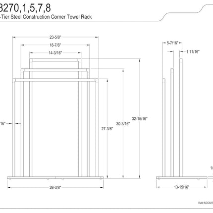 Kingston Brass SCC8277 Edenscape L-Shaped Freestanding 3-Tier Steel Corner Towel Rack, Brushed Brass