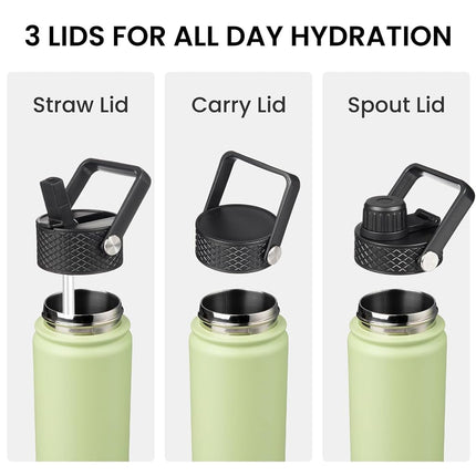 Konokyo 40oz Insulated Water Bottle Sport Stainless Steel Water Bottles with 3 Lids,Macaron Green