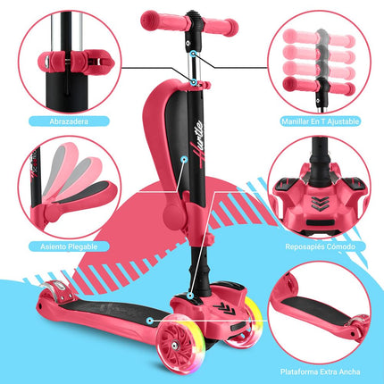 Hurtle 3-Wheeled Scooter for Kids - Wheel LED Lights, Adjustable Lean-to-Steer Handlebar, and Foldable Seat - Sit or Stand Ride with Brake for Boys, Watermelon - Hurtle HURFS79W