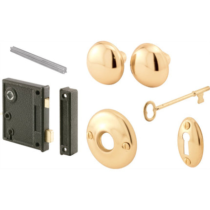 Prime-Line E 2437 Vertical Trim Vintage Lock Set – Cast Steel Construction, Brass Plated Knobs, Antique Skeleton Key Locking System – 2-1/2” Backset, Surface Mounted on Right-Hand Swing-In Interior Doors