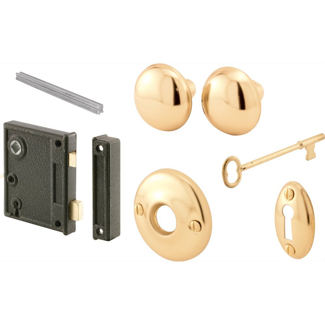 Prime-Line E 2437 Vertical Trim Vintage Lock Set – Cast Steel Construction, Brass Plated Knobs, Antique Skeleton Key Locking System – 2-1/2” Backset, Surface Mounted on Right-Hand Swing-In Interior Doors