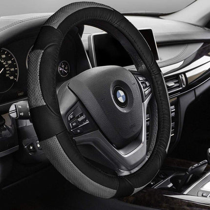 Funda de volante de cuero auténtico FH Group Universal Fit Deluxe de grano completo, compatible con la mayoría de coches, SUV y camiones, gris y negro