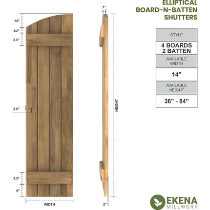 Ekena Millwork ARW101BE414X37LPH Americraft Four 2 Exterior Real Wood Joined Board-n-Batten Shutters w/Elliptical Top (Per Pair), 14"W x 37"H, Lily Pads