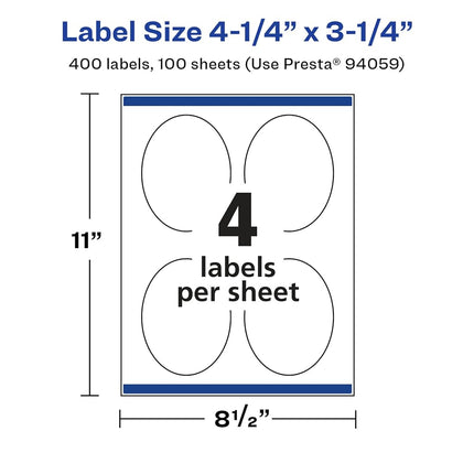Avery Glossy White Oval Labels with Sure Feed, 4.25" x 3.25", 400 Glossy White Labels, Print-to-The-Edge, Permanent Label Adhesive, Laser/Inkjet Printable Labels