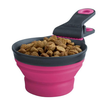 Dexas Popware for Pets Collapsible Klip Scoop, 3 in 1 Design Convenient Measuring Cup, Food Scooper and Bag Clip, ½ Capacity Pet Food Scoop, Versatile Food Measuring Cups Portion Control Gray/Pink