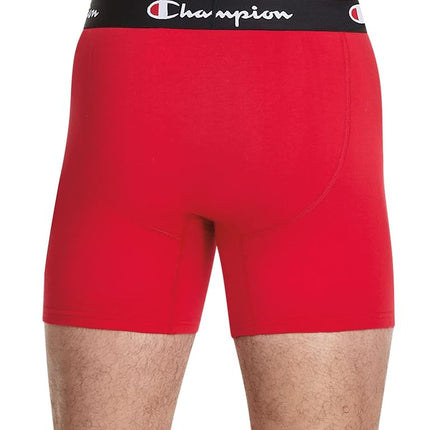 Champion Men's Cotton Stretch Boxer Brief (3 and 5 Pack Available), Blue White Script Logo/Black/Red, XL (Pack of 3)