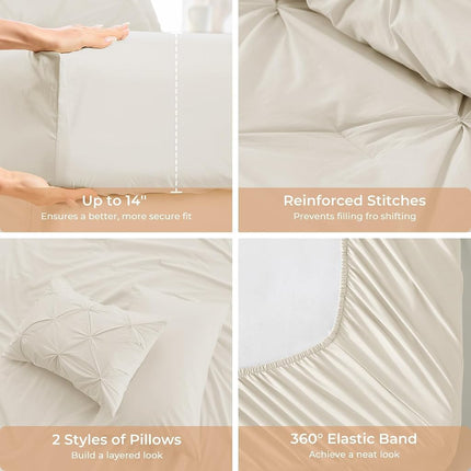 Sasttie Pintuck Comforter Set, 7-Piece Bed in a Bag, Queen, Beige
