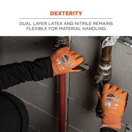 Ergodyne ProFlex 7551 Coated Waterproof Winter Work Gloves - A5 Cut-Resistant, orange,small,count of 2