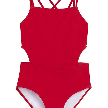 Traje de baño de una pieza con cortes de Kanu Surf para niñas, deportivo, rojo liso, talla 16