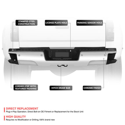 DNA MOTORING Rear Bumper Compatible with 15-19 Silverado Sierra 2500HD 3500HD w/Dual Rear Wheels Hitch Bar & Rear Parking Sensor Holes, Chrome/Black, STEPBUM-10062