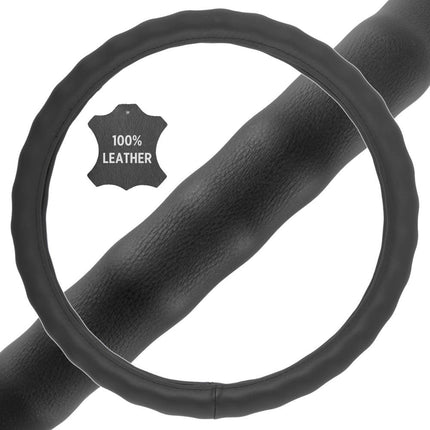 BDK SW-899-LK Black Leather Car Steering Wheel Cover Large Size 15.5 to 16 inch, Easy Installation
