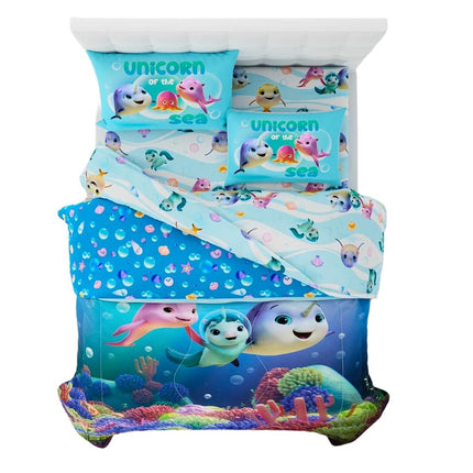 Franco DreamWorks No Es Exactamente Narval, Juego de Sábanas y Edredón Súper Suave para Niños, 5 Piezas, Tamaño Full, (Producto Oficial con Licencia)