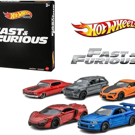 Hot Wheels FAST AND FURIOUS Die Cast PREMIUM COLLECTION BOX Set 5 Car Model - Toyota Supra Chevelle SS Lykan Hypersport Jeep Grand Cherokee Nissan Skyline - Scale 1:64 - length 6cm - HJC15