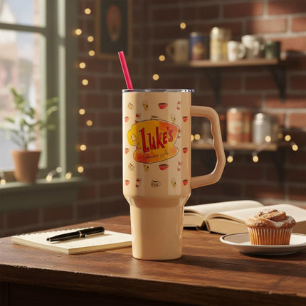 Silver Buffalo Gilmore Girls Luke's Diner – Gobelet isotherme en acier inoxydable avec poignée et paille, compatible avec les porte-gobelets standards, 1,18 litre