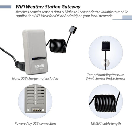 ECOWITT Wi-Fi Gateway Weather Station GW1200, with Built-in Temperature, Humidity, and Barometric Sensors, IoT Ready, Supports Ecowitt Sensors Developed, USB Power, 433 MHz