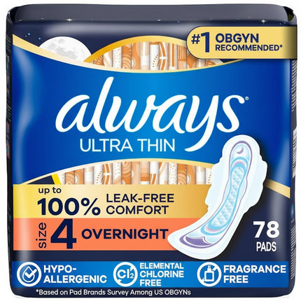 Always Ultra Thin Size 4, Overnight Feminine Pads with Wings, Unscented, 28 count - Pack of 3 (84 Total Count) (Packaging May Vary)