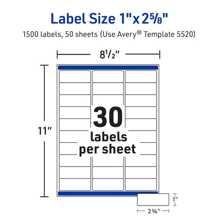 Avery Waterproof Printable Address Labels with Sure Feed, 1" x 2-5/8", White, 1,500 Blank Mailing Labels (5520)