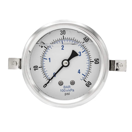 PIC Gauge 203L-254D Glycerin Filled Industrial U-Clamp Panel Mount Pressure Gauge with Stainless Steel Case, Brass Internals, Plastic Lens, 2-1/2" Dial Size, 1/4" Male NPT Connection Size, 0/60 psi Range