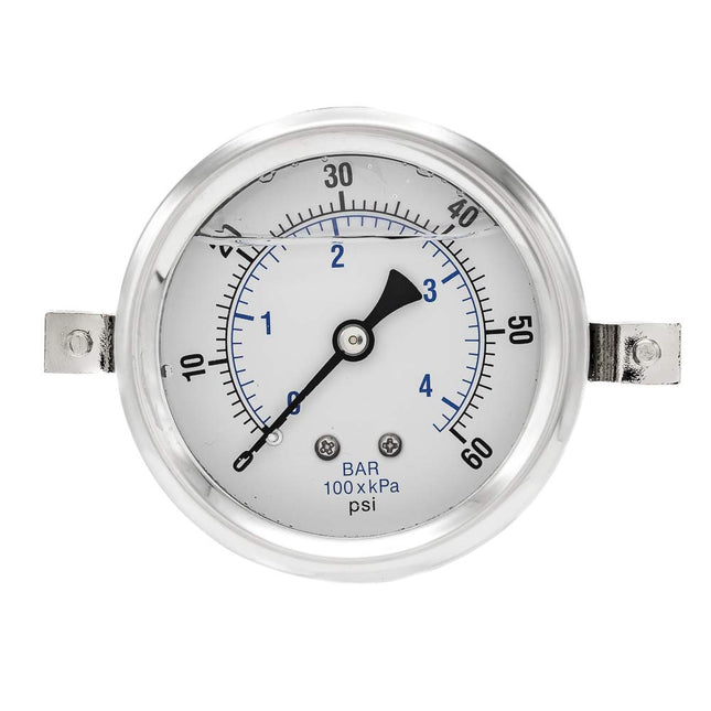 PIC Gauge 203L-254D Glycerin Filled Industrial U-Clamp Panel Mount Pressure Gauge with Stainless Steel Case, Brass Internals, Plastic Lens, 2-1/2" Dial Size, 1/4" Male NPT Connection Size, 0/60 psi Range