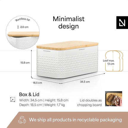 LARS NYSØM Bread Box I Metal bread box for long lasting freshness with non-slip pads I Baked goods Bin with bamboo lid usable as cutting board I 34.5x18.5x15.8cm (Pure White)